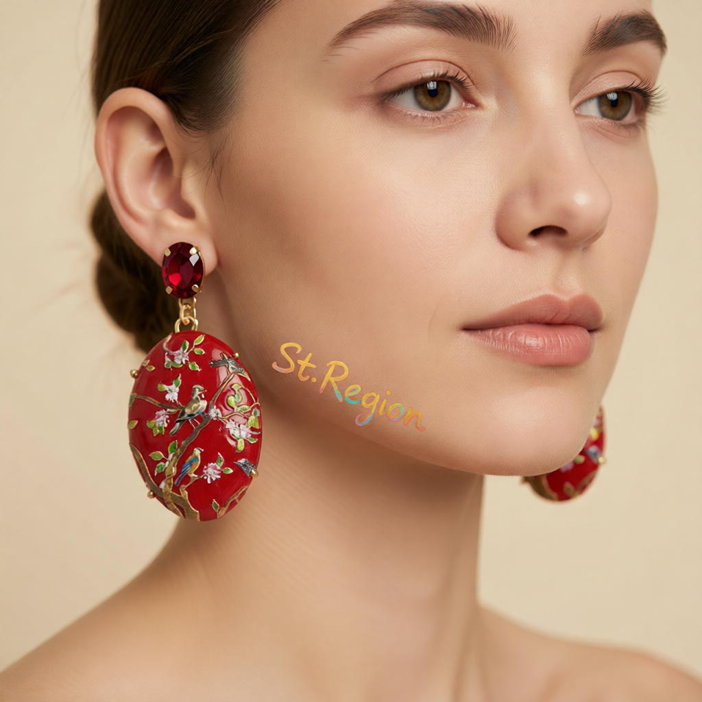 Red Crystal & Goldtone Bird Branch Oval Drop Earrings