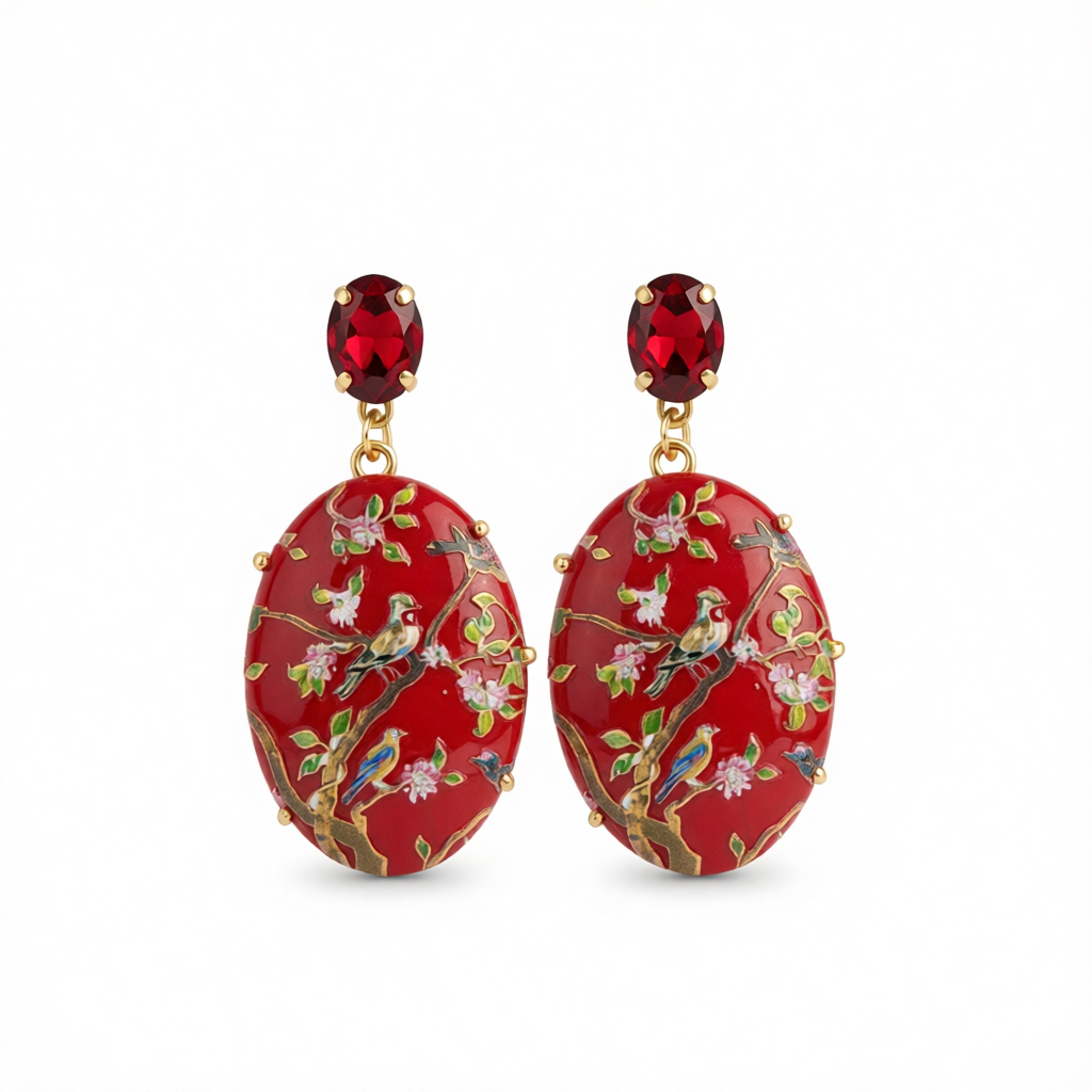 Red Crystal & Goldtone Bird Branch Oval Drop Earrings