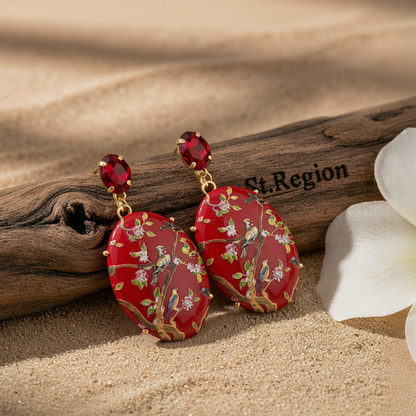 Red Crystal & Goldtone Bird Branch Oval Drop Earrings