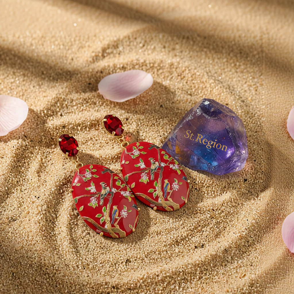 Red Crystal & Goldtone Bird Branch Oval Drop Earrings
