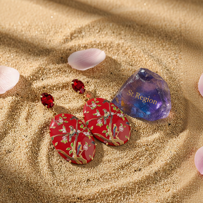 Red Crystal & Goldtone Bird Branch Oval Drop Earrings