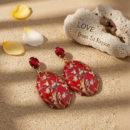 Red Crystal & Goldtone Bird Branch Oval Drop Earrings