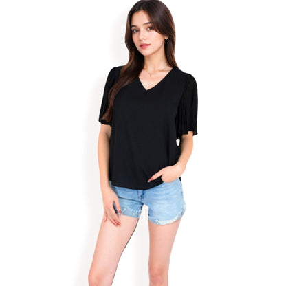 Anna-Kaci Women's V-Neck Blouse with Pleated Chiffon Flutter Sleeves