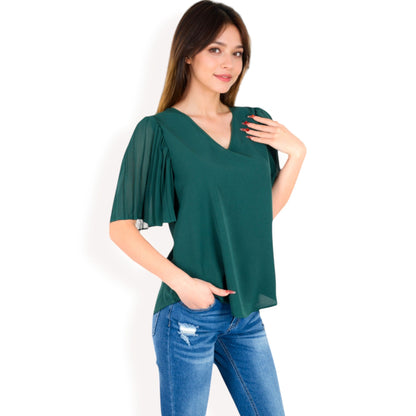 Anna-Kaci Women's V-Neck Blouse with Pleated Chiffon Flutter Sleeves