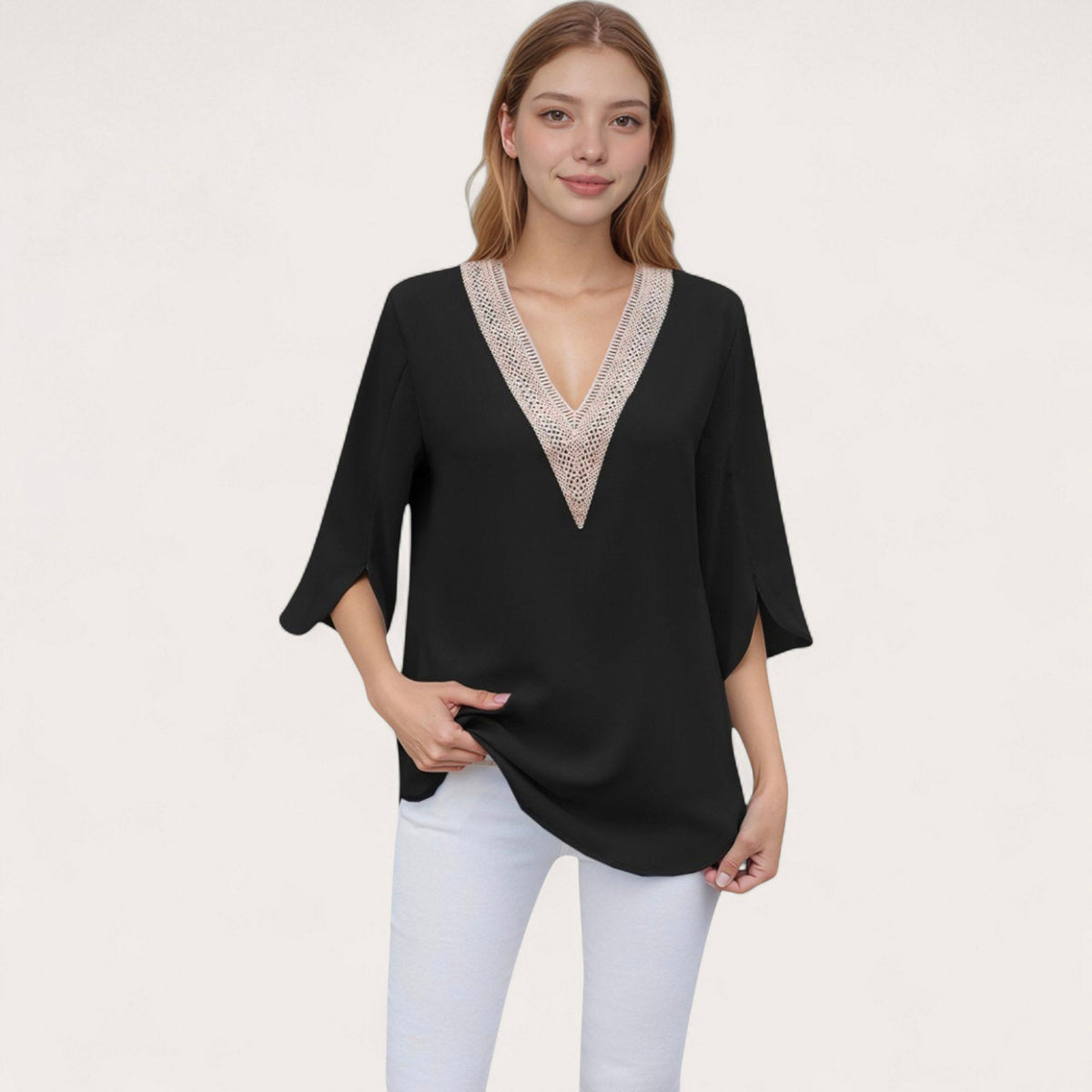 Anna-Kaci Women's V-Neck Blouse with Lace Trim Detail and 3/4 Split Sleeves Relaxed Fit