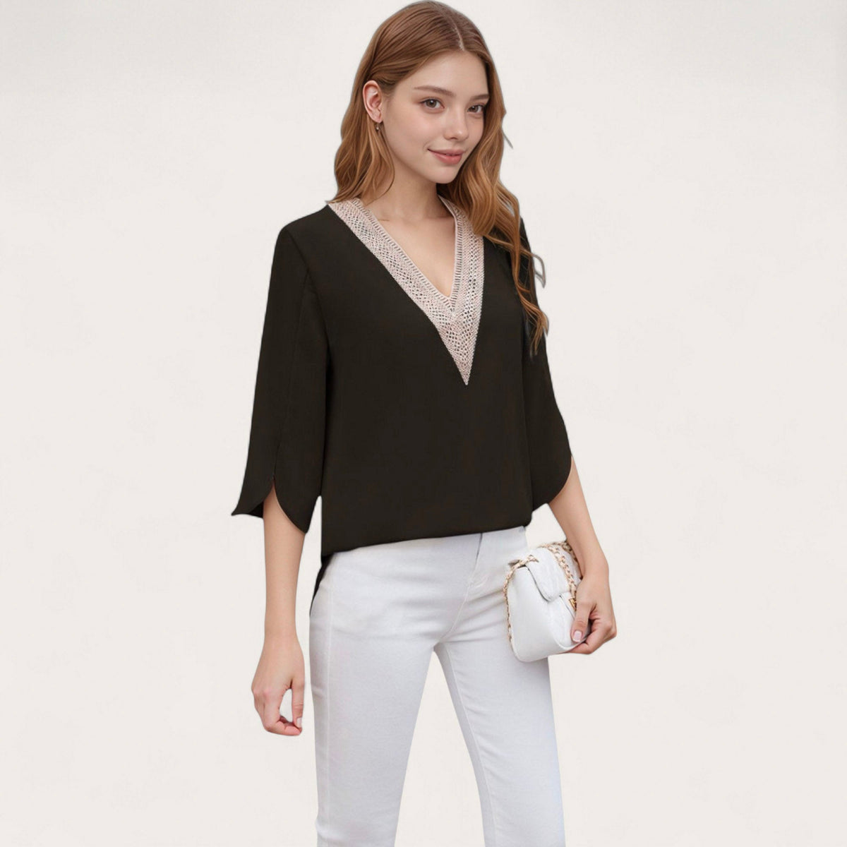 Anna-Kaci Women's V-Neck Blouse with Lace Trim Detail and 3/4 Split Sleeves Relaxed Fit