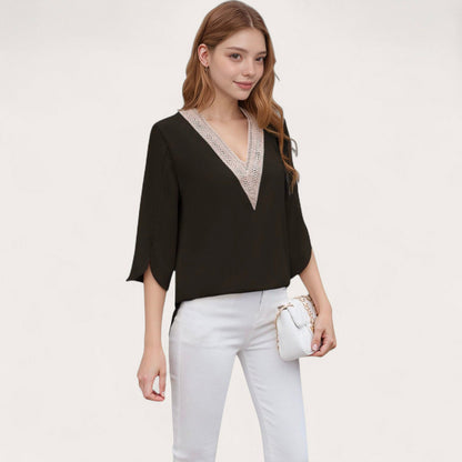 Anna-Kaci Women's V-Neck Blouse with Lace Trim Detail and 3/4 Split Sleeves Relaxed Fit