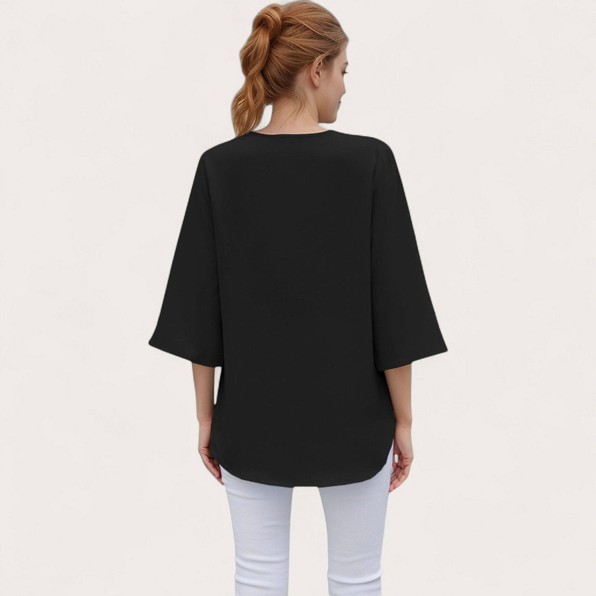 Anna-Kaci Women's V-Neck Blouse with Lace Trim Detail and 3/4 Split Sleeves Relaxed Fit