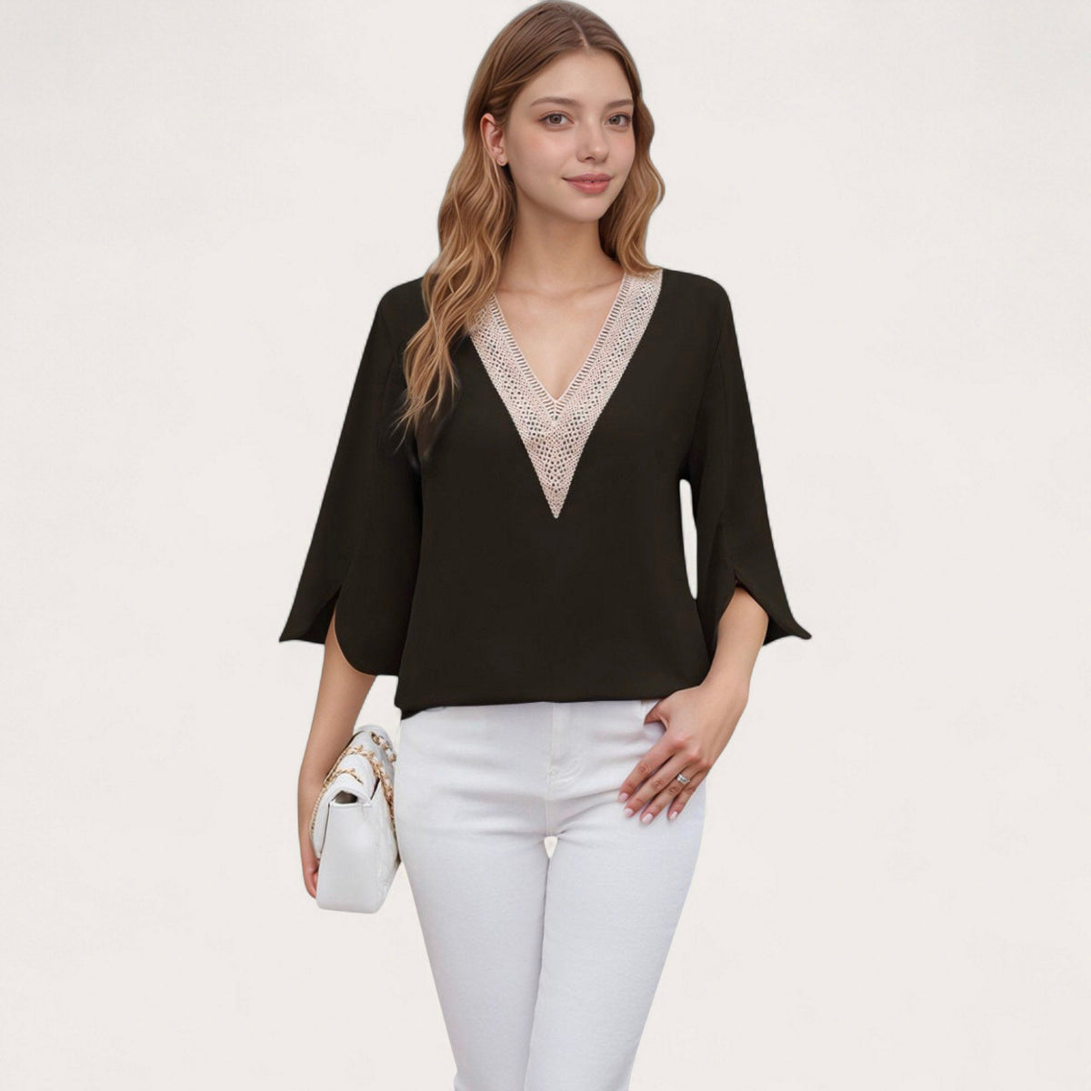 Anna-Kaci Women's V-Neck Blouse with Lace Trim Detail and 3/4 Split Sleeves Relaxed Fit