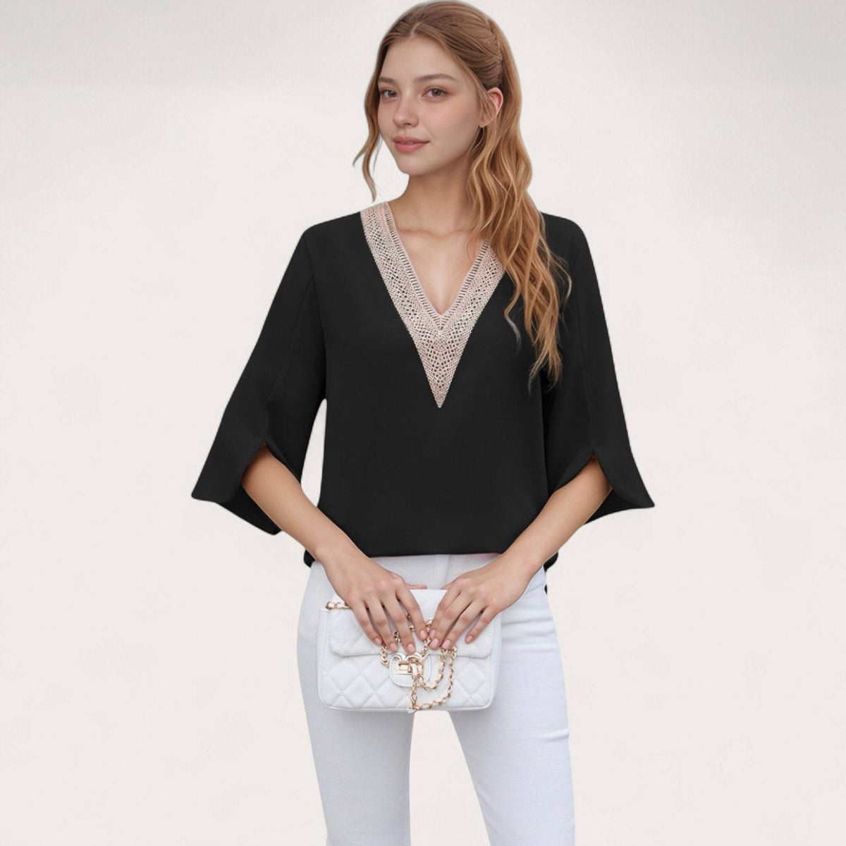Anna-Kaci Women's V-Neck Blouse with Lace Trim Detail and 3/4 Split Sleeves Relaxed Fit