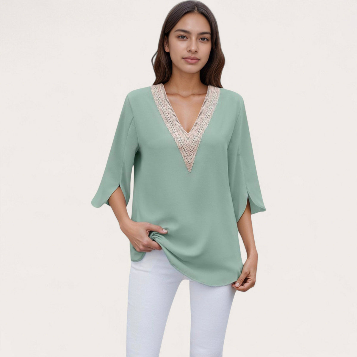 Anna-Kaci Women's V-Neck Blouse with Lace Trim Detail and 3/4 Split Sleeves Relaxed Fit