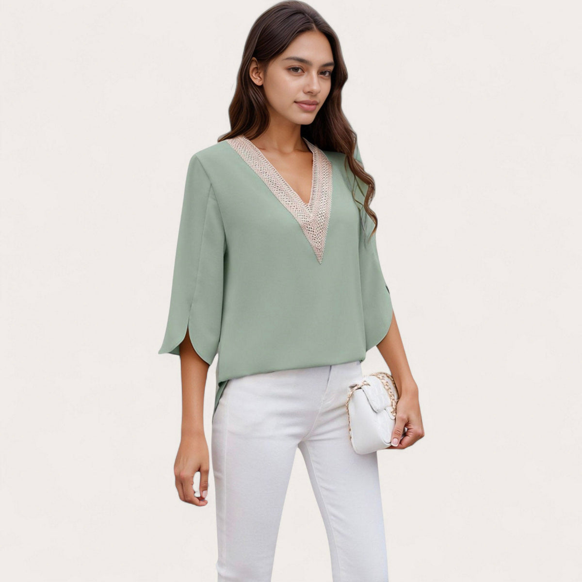 Anna-Kaci Women's V-Neck Blouse with Lace Trim Detail and 3/4 Split Sleeves Relaxed Fit