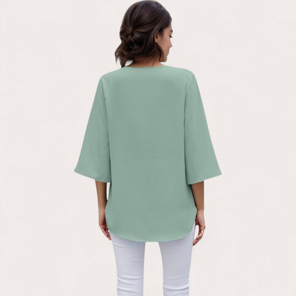 Anna-Kaci Women's V-Neck Blouse with Lace Trim Detail and 3/4 Split Sleeves Relaxed Fit