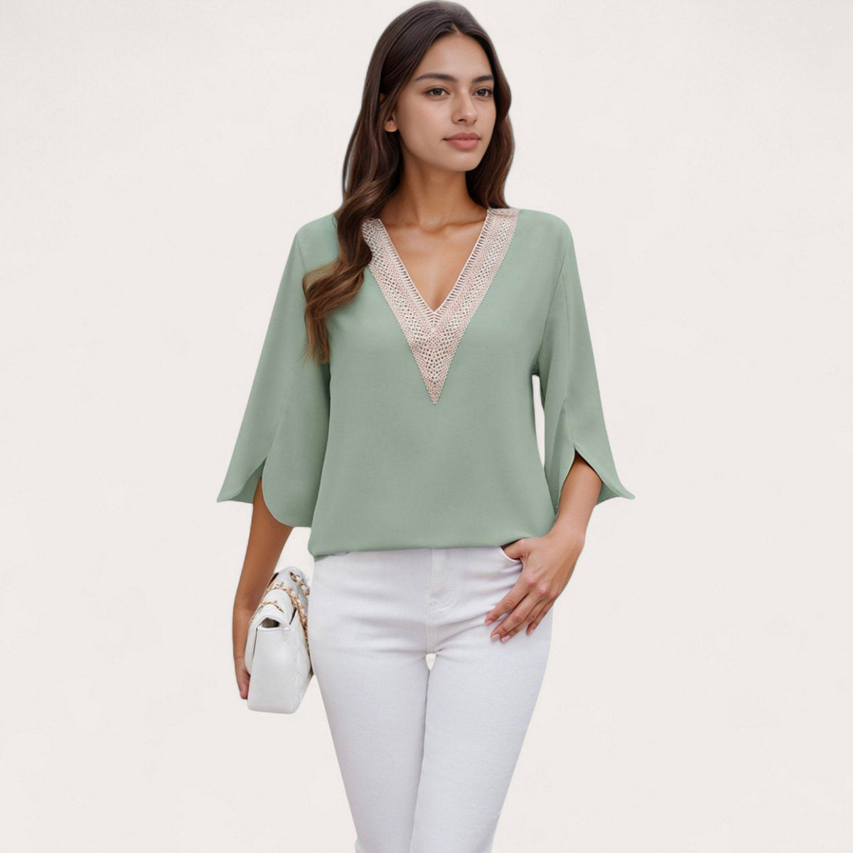 Anna-Kaci Women's V-Neck Blouse with Lace Trim Detail and 3/4 Split Sleeves Relaxed Fit