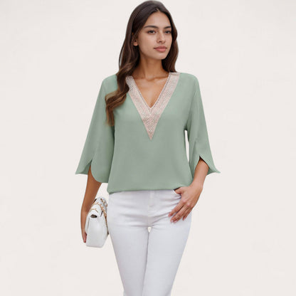 Anna-Kaci Women's V-Neck Blouse with Lace Trim Detail and 3/4 Split Sleeves Relaxed Fit