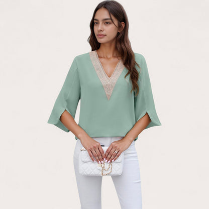 Anna-Kaci Women's V-Neck Blouse with Lace Trim Detail and 3/4 Split Sleeves Relaxed Fit