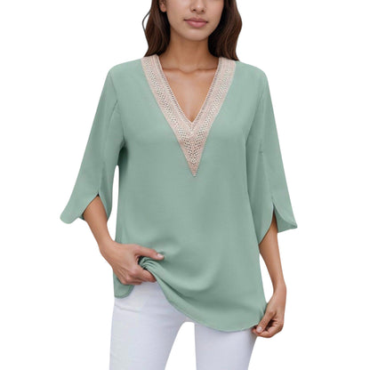 Anna-Kaci Women's V-Neck Blouse with Lace Trim Detail and 3/4 Split Sleeves Relaxed Fit