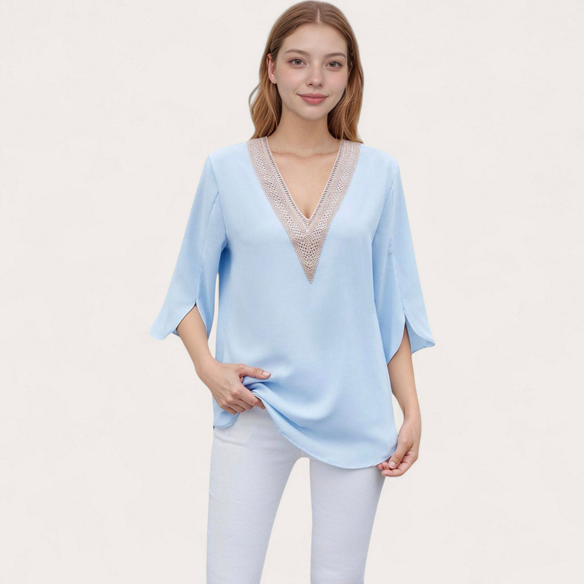 Anna-Kaci Women's V-Neck Blouse with Lace Trim Detail and 3/4 Split Sleeves Relaxed Fit