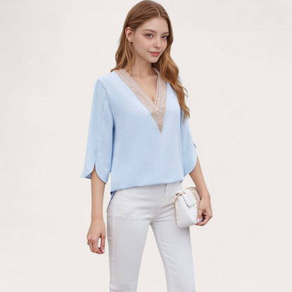 Anna-Kaci Women's V-Neck Blouse with Lace Trim Detail and 3/4 Split Sleeves Relaxed Fit