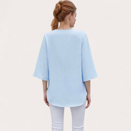 Anna-Kaci Women's V-Neck Blouse with Lace Trim Detail and 3/4 Split Sleeves Relaxed Fit
