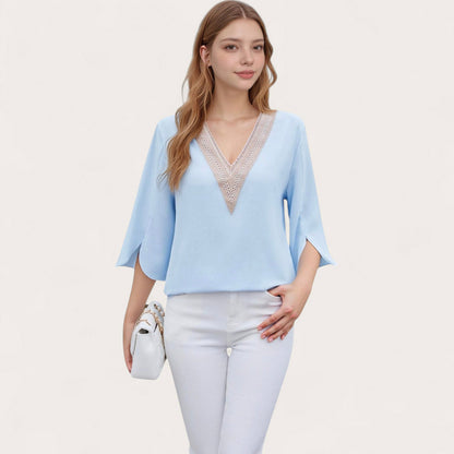 Anna-Kaci Women's V-Neck Blouse with Lace Trim Detail and 3/4 Split Sleeves Relaxed Fit
