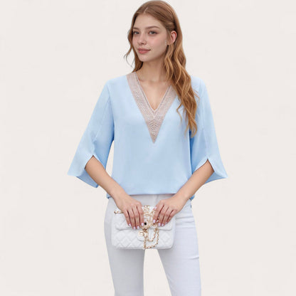 Anna-Kaci Women's V-Neck Blouse with Lace Trim Detail and 3/4 Split Sleeves Relaxed Fit