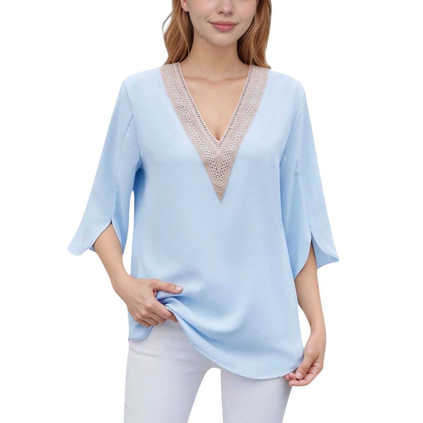Anna-Kaci Women's V-Neck Blouse with Lace Trim Detail and 3/4 Split Sleeves Relaxed Fit