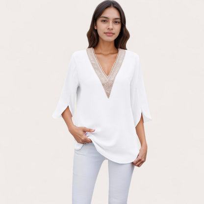 Anna-Kaci Women's V-Neck Blouse with Lace Trim Detail and 3/4 Split Sleeves Relaxed Fit