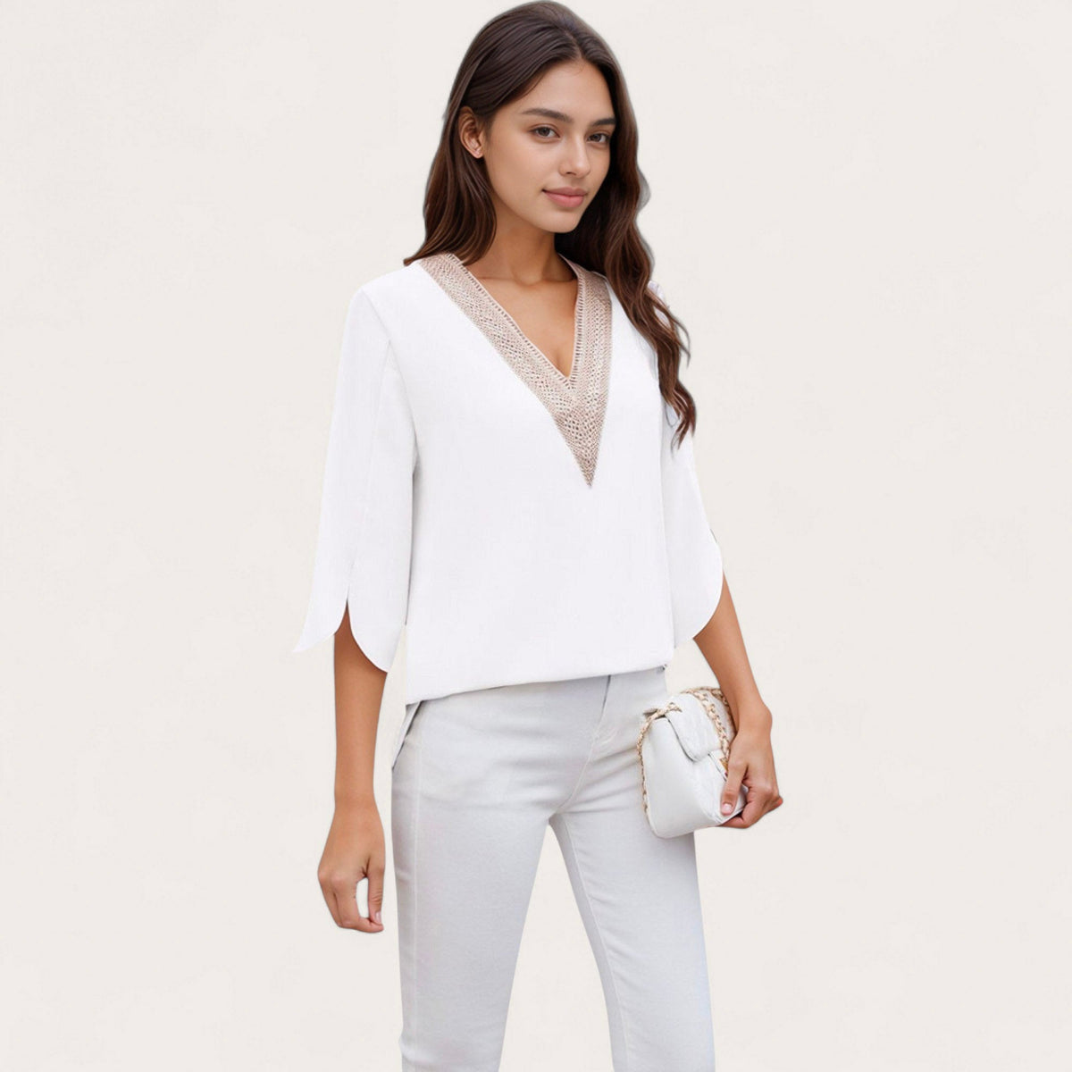 Anna-Kaci Women's V-Neck Blouse with Lace Trim Detail and 3/4 Split Sleeves Relaxed Fit