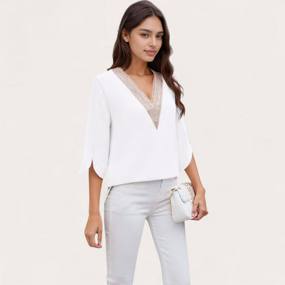 Anna-Kaci Women's V-Neck Blouse with Lace Trim Detail and 3/4 Split Sleeves Relaxed Fit