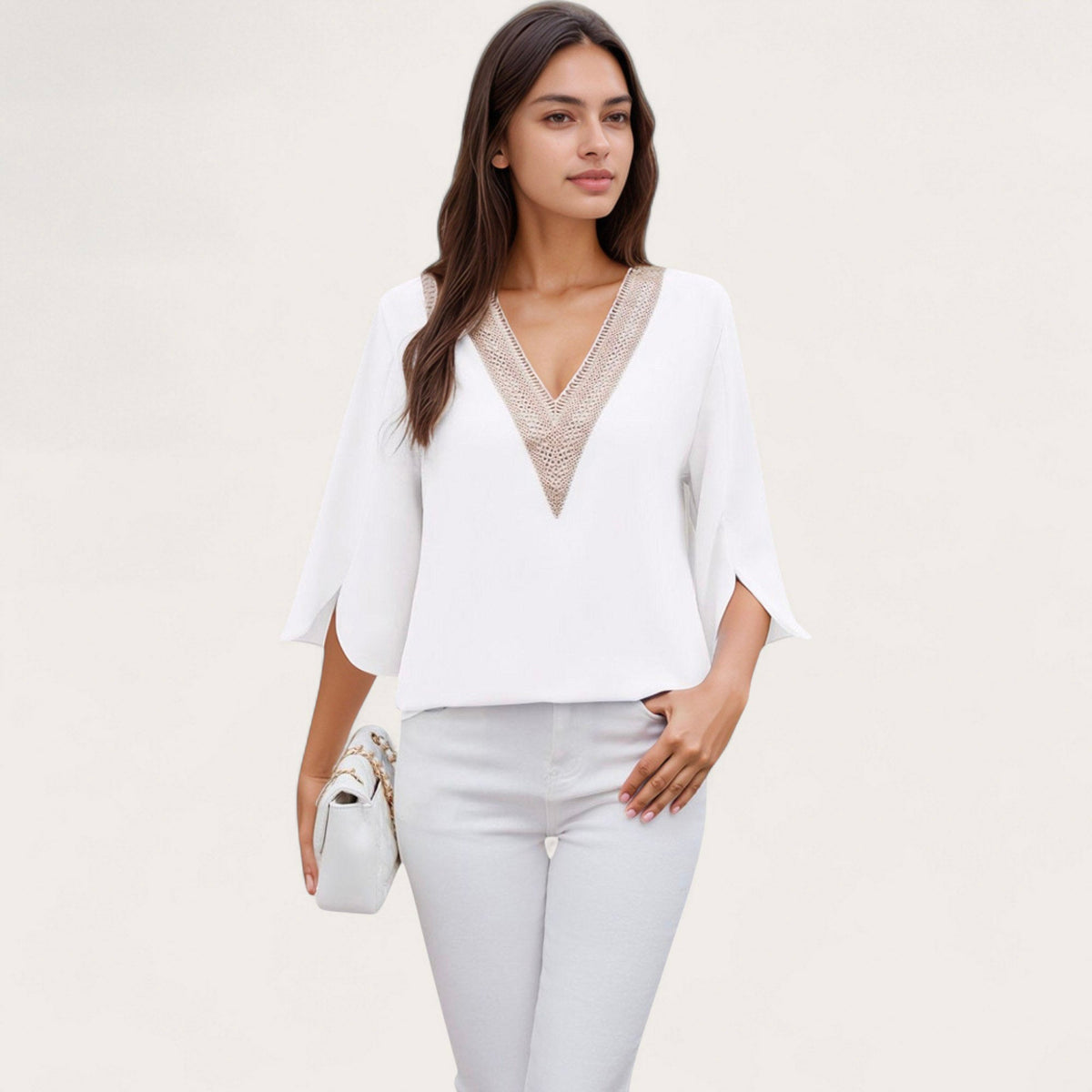 Anna-Kaci Women's V-Neck Blouse with Lace Trim Detail and 3/4 Split Sleeves Relaxed Fit