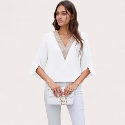 Anna-Kaci Women's V-Neck Blouse with Lace Trim Detail and 3/4 Split Sleeves Relaxed Fit