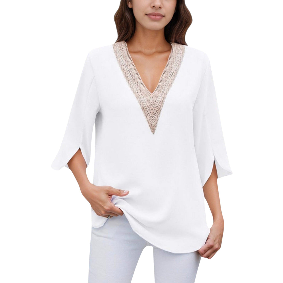 Anna-Kaci Women's V-Neck Blouse with Lace Trim Detail and 3/4 Split Sleeves Relaxed Fit