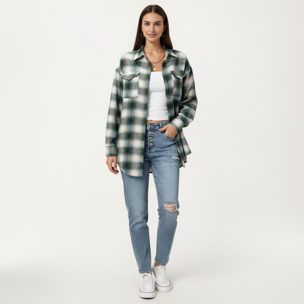 Anna-Kaci Women's Long Sleeve Plaid Button-Up Shirt with Chest Pockets