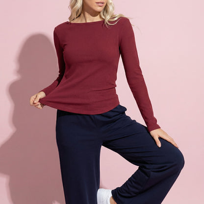 Anna-Kaci Active Women's Long Sleeve Rib Knit Top with Boat Neckline and Slim Fit Silhouette