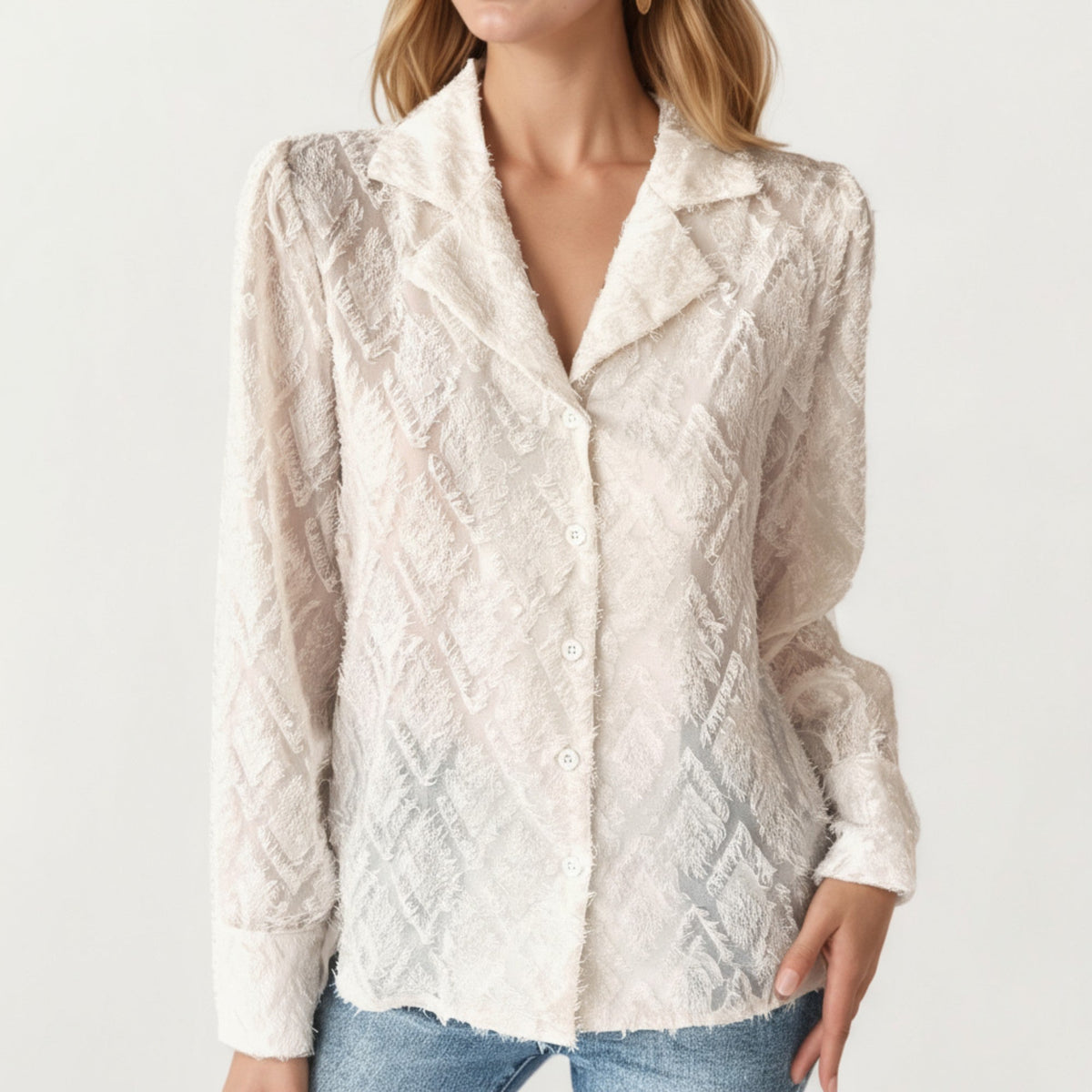 Anna-Kaci Women's Long Sleeve Button-Up Textured Sheer Blouse with Collared Neckline and Subtle Diamond Pattern