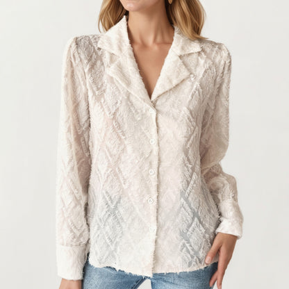 Anna-Kaci Women's Long Sleeve Button-Up Textured Sheer Blouse with Collared Neckline and Subtle Diamond Pattern
