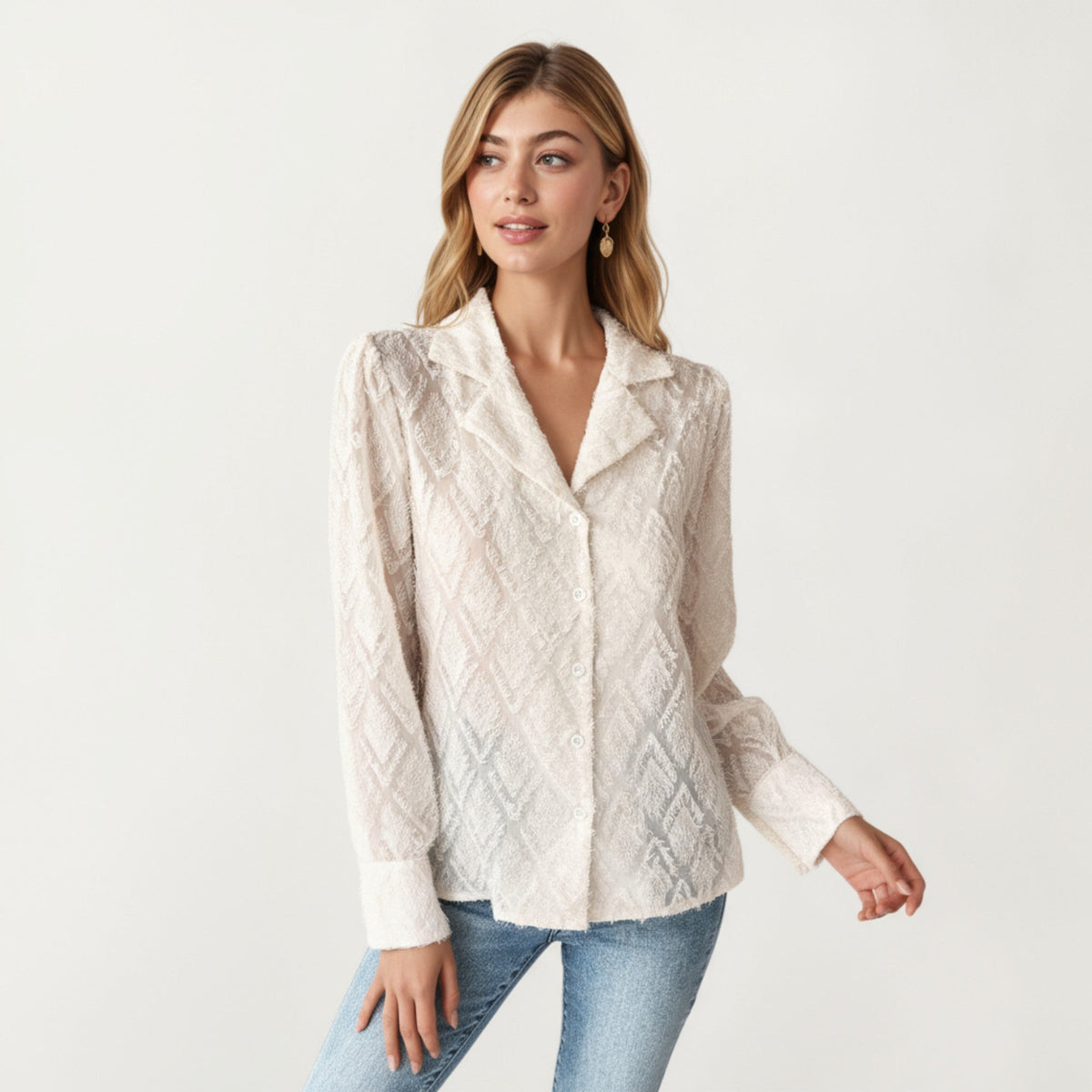 Anna-Kaci Women's Long Sleeve Button-Up Textured Sheer Blouse with Collared Neckline and Subtle Diamond Pattern
