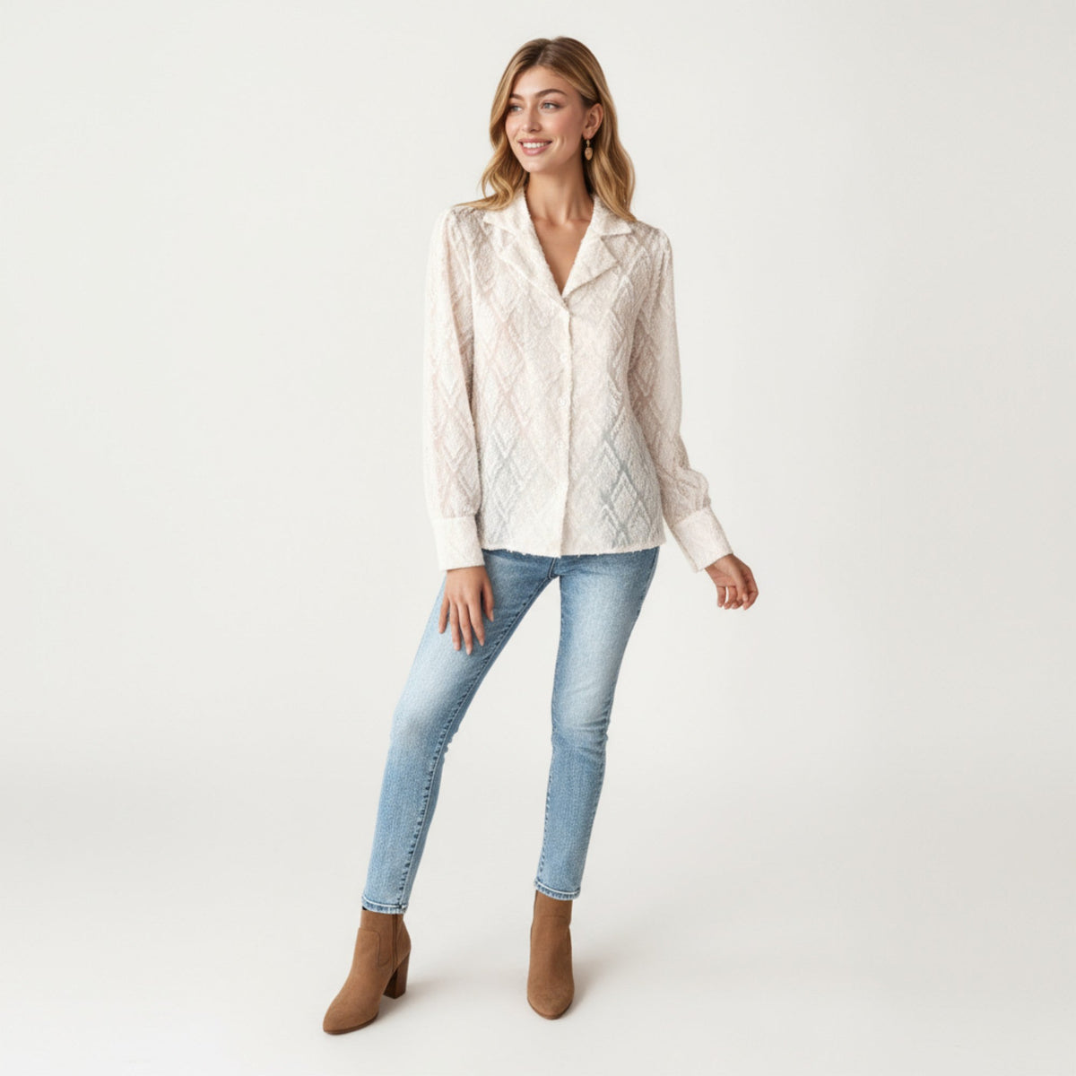 Anna-Kaci Women's Long Sleeve Button-Up Textured Sheer Blouse with Collared Neckline and Subtle Diamond Pattern