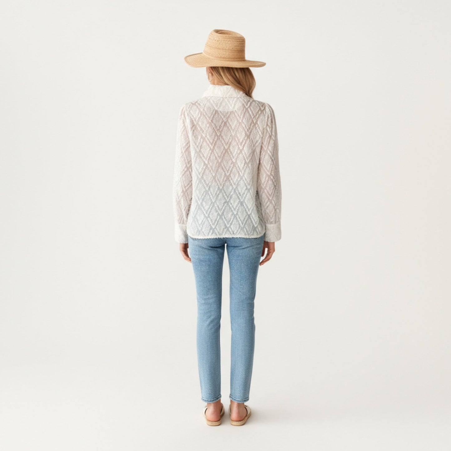 Anna-Kaci Women's Long Sleeve Button-Up Textured Sheer Blouse with Collared Neckline and Subtle Diamond Pattern