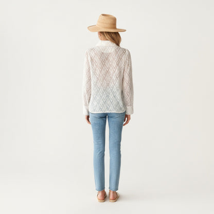 Anna-Kaci Women's Long Sleeve Button-Up Textured Sheer Blouse with Collared Neckline and Subtle Diamond Pattern