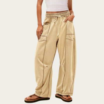 Anna-Kaci Women¡¯s Soft Wide Leg Pants with Cargo Style Seam Detailing Adjustable Drawstring Waistband and Relaxed Stretch Fit