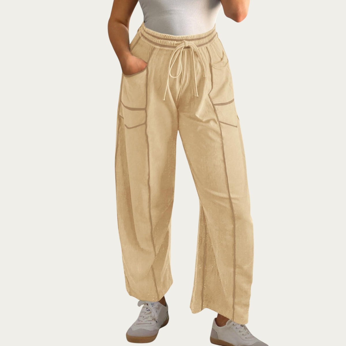 Anna-Kaci Women¡¯s Soft Wide Leg Pants with Cargo Style Seam Detailing Adjustable Drawstring Waistband and Relaxed Stretch Fit