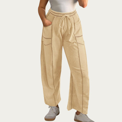 Anna-Kaci Women¡¯s Soft Wide Leg Pants with Cargo Style Seam Detailing Adjustable Drawstring Waistband and Relaxed Stretch Fit