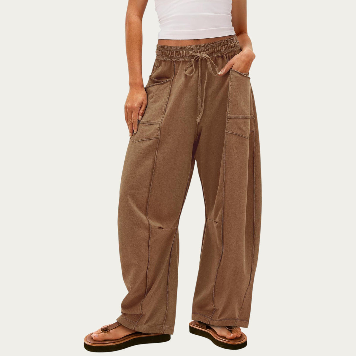 Anna-Kaci Women¡¯s Soft Wide Leg Pants with Cargo Style Seam Detailing Adjustable Drawstring Waistband and Relaxed Stretch Fit