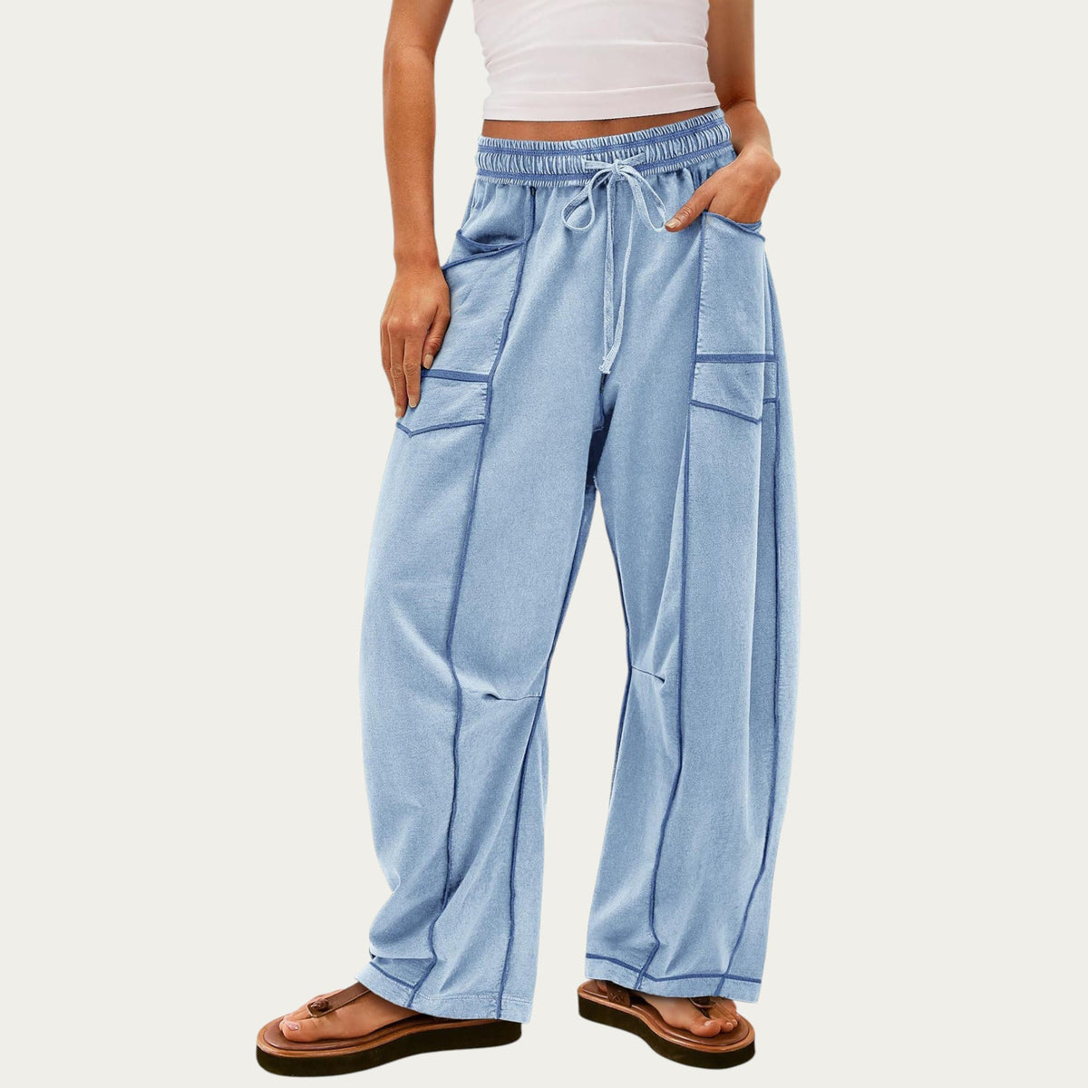 Anna-Kaci Women¡¯s Soft Wide Leg Pants with Cargo Style Seam Detailing Adjustable Drawstring Waistband and Relaxed Stretch Fit