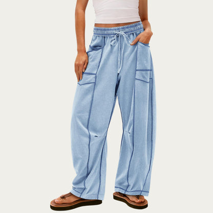 Anna-Kaci Women¡¯s Soft Wide Leg Pants with Cargo Style Seam Detailing Adjustable Drawstring Waistband and Relaxed Stretch Fit