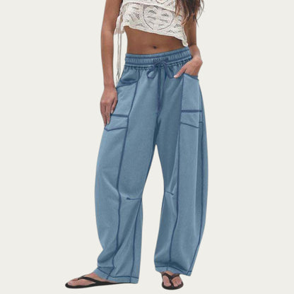 Anna-Kaci Women¡¯s Soft Wide Leg Pants with Cargo Style Seam Detailing Adjustable Drawstring Waistband and Relaxed Stretch Fit