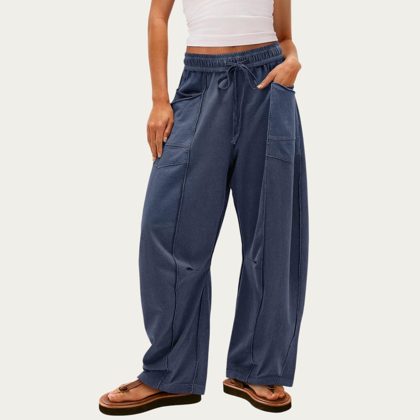 Anna-Kaci Women¡¯s Soft Wide Leg Pants with Cargo Style Seam Detailing Adjustable Drawstring Waistband and Relaxed Stretch Fit