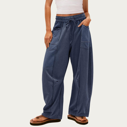 Anna-Kaci Women¡¯s Soft Wide Leg Pants with Cargo Style Seam Detailing Adjustable Drawstring Waistband and Relaxed Stretch Fit